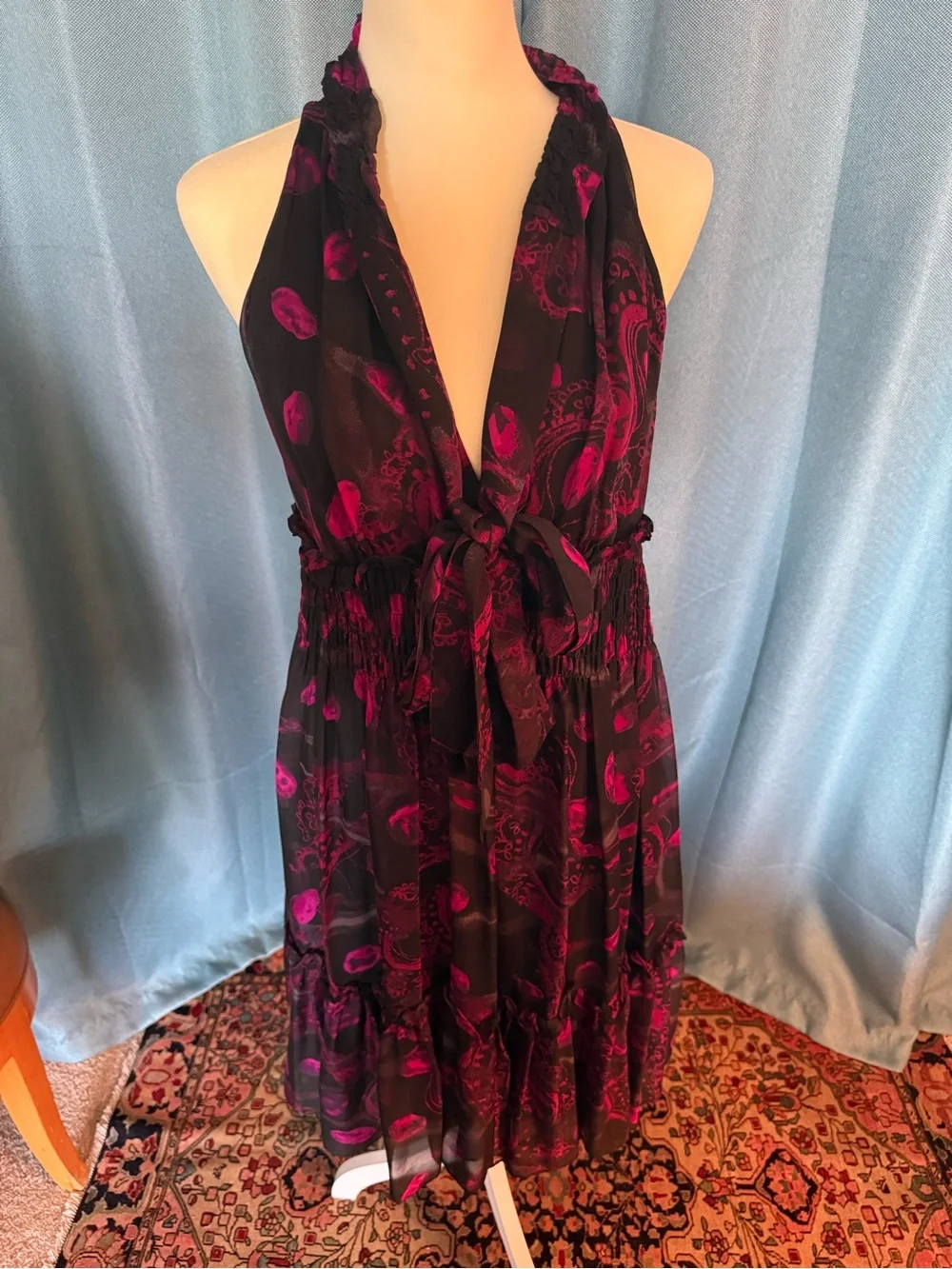 Diane von Furstenberg Silk Black and Magenta Midi Dress - Picture 3 of 6